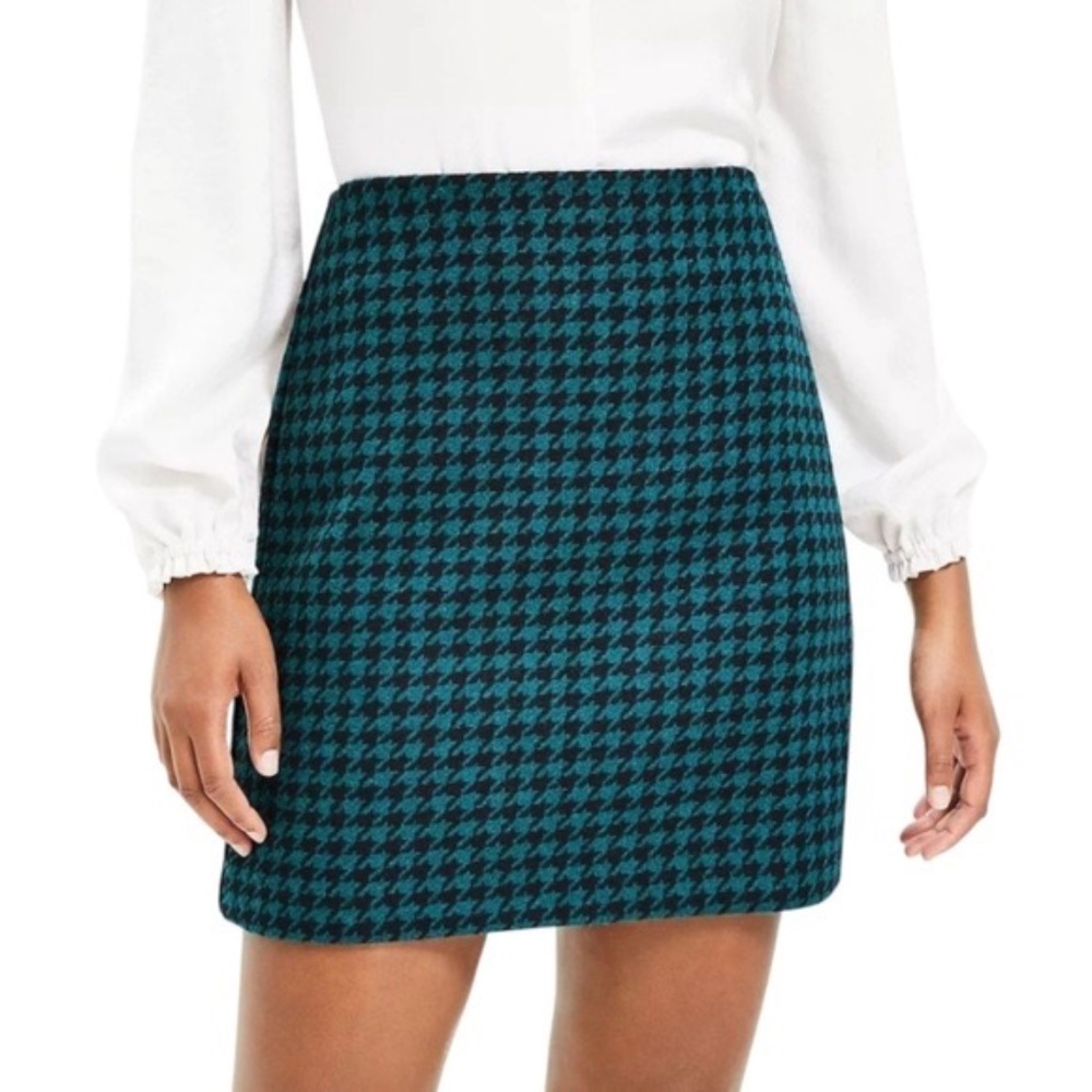 LOFT Teal and Black Houndstooth Wool Blend Mini Skirt